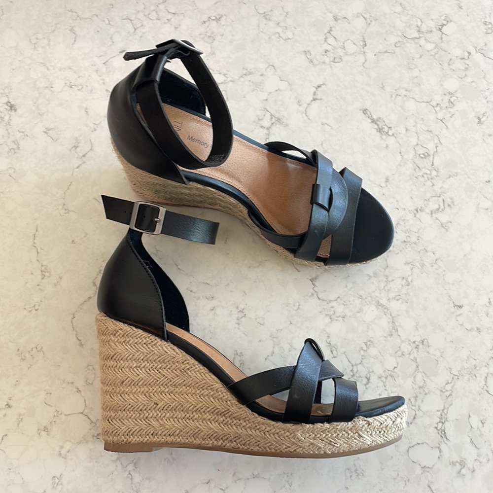 Time and Tru - Black Ankle Strap Wedges - Size 8